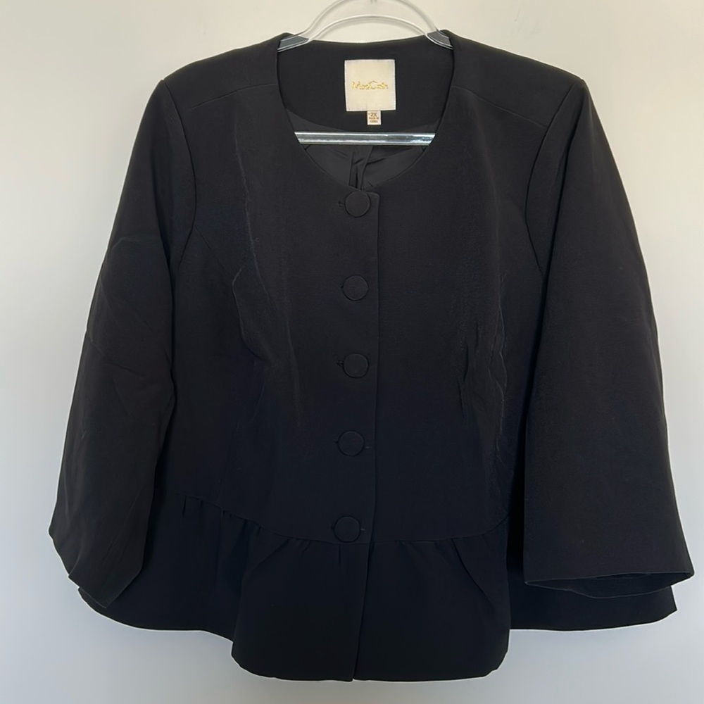 ModCloth Blazer Black 2X Ruffle Peplum Collarless 3/4 Sleeve Button Front Jacket
